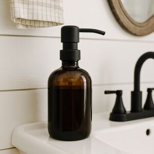 SET OF 2: 16 OZ. GLASS SOAP DISPENSER W/ METAL PUMP (AMBER/BLACK)